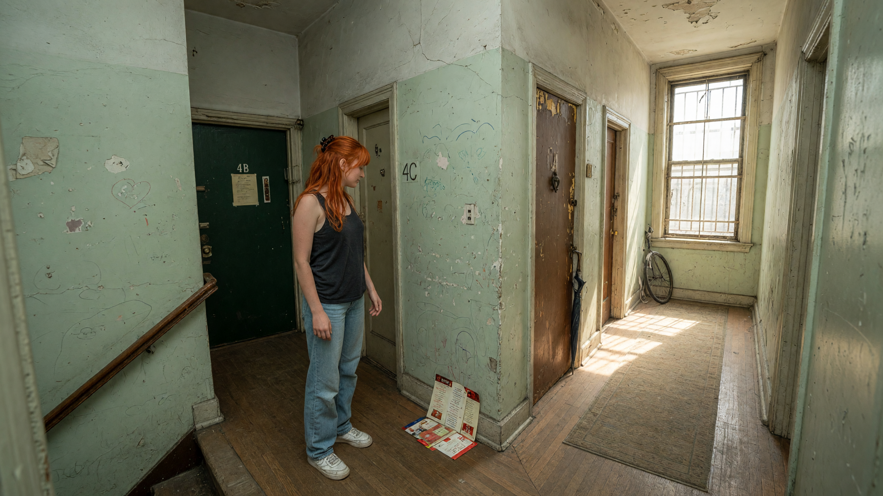 A woman stands in a shared hallway.
